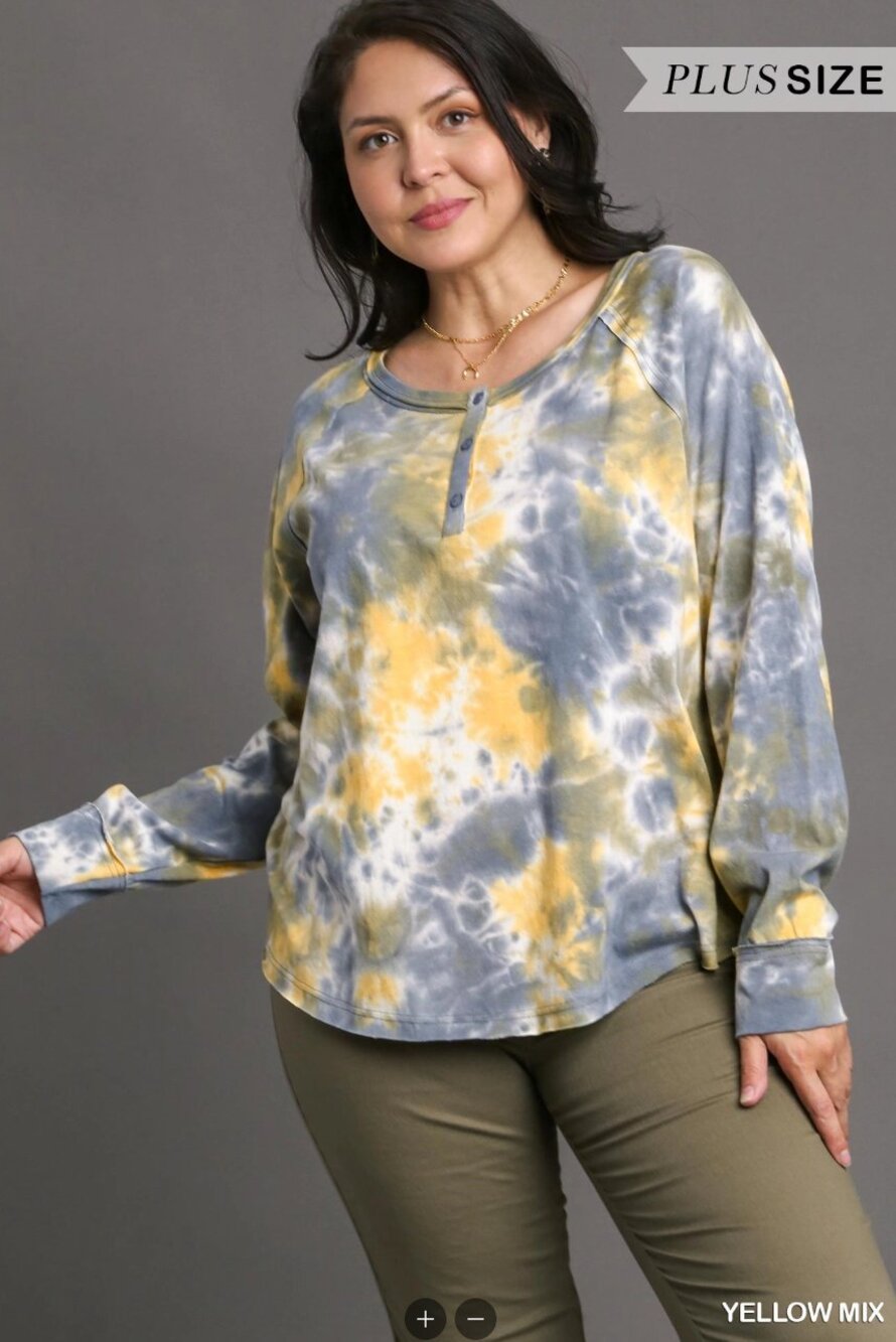 UMGEE - Tie Dye Button Front Long Raglan Sleeve Top with Raw Hem